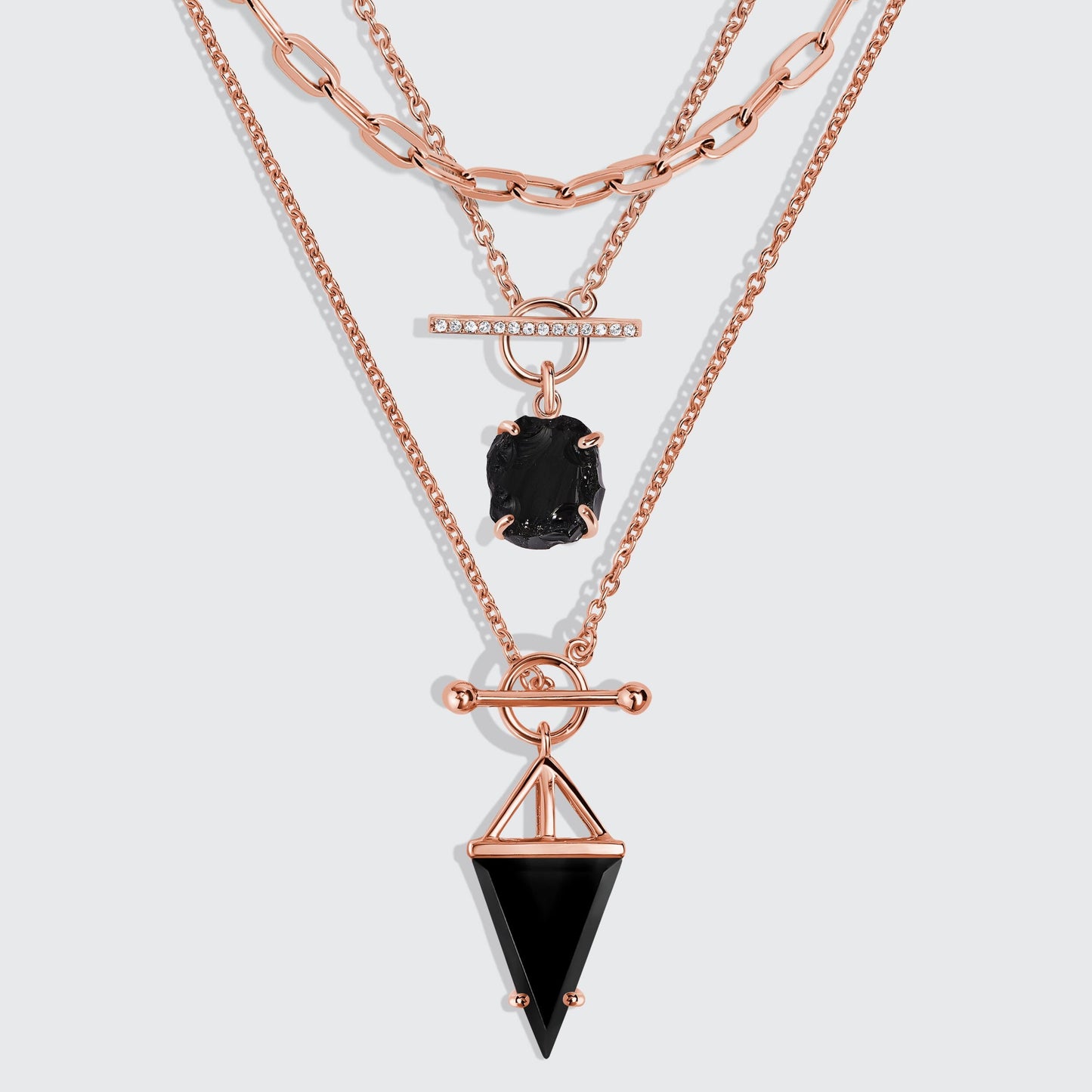 Colliers T Lock Heroine en obsidienne noire et cristal brut, et chaîne à maillons larges