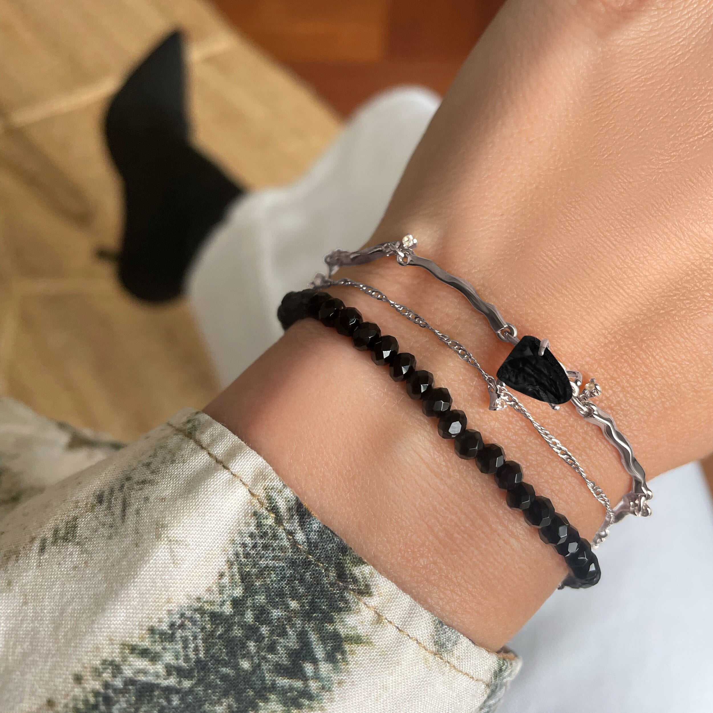 Black Obsidian Bracelet Stack - Flowing Strength