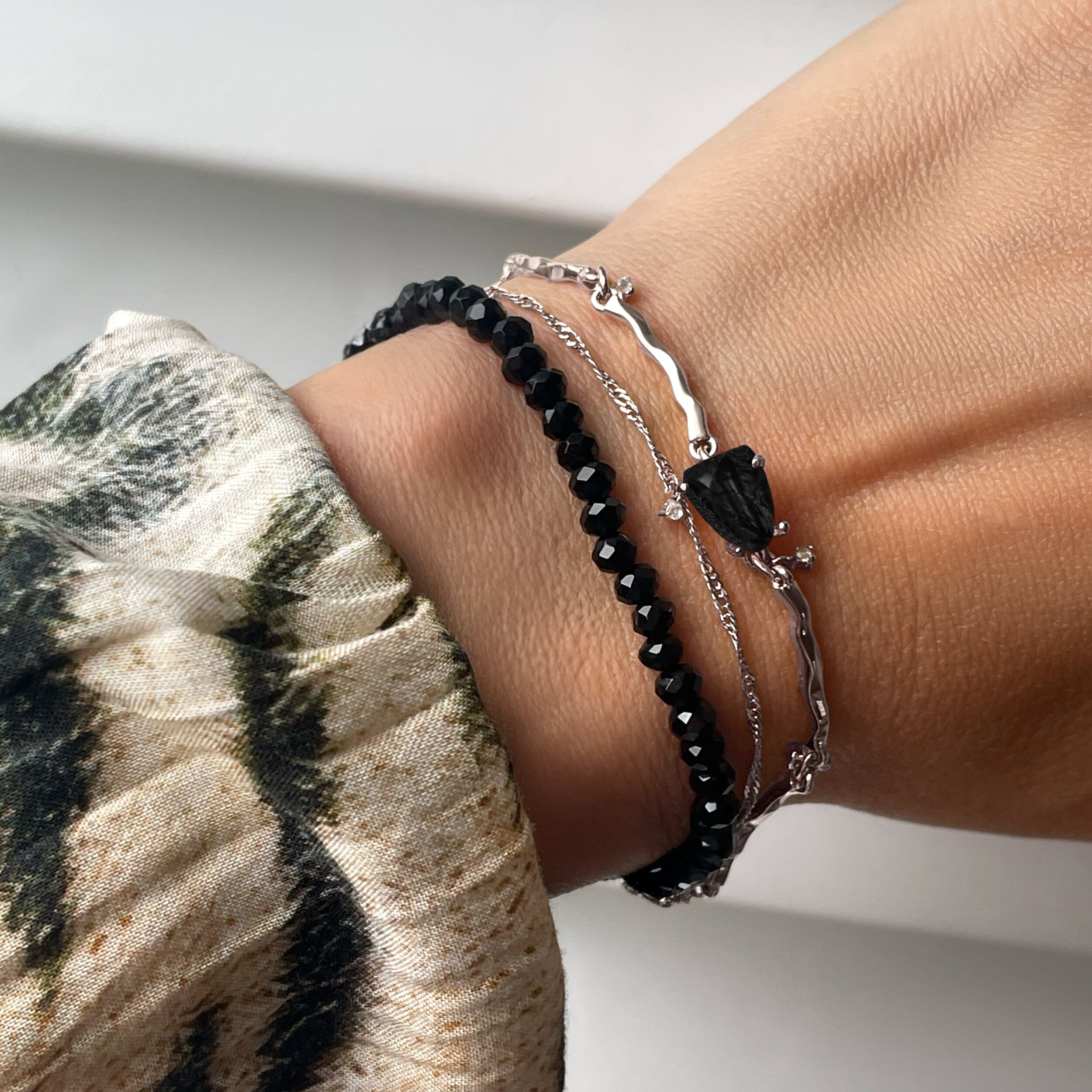 Black Obsidian Bracelet Stack - Flowing Strength