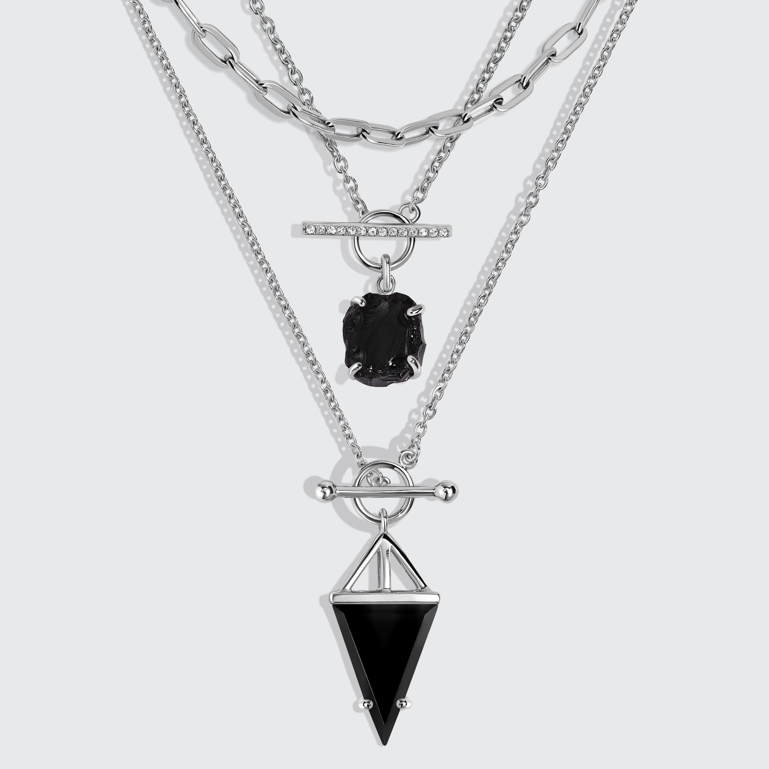 Black Obsidian Heroine T Lock & Raw Crystal T Lock Necklaces & Widelink Chain