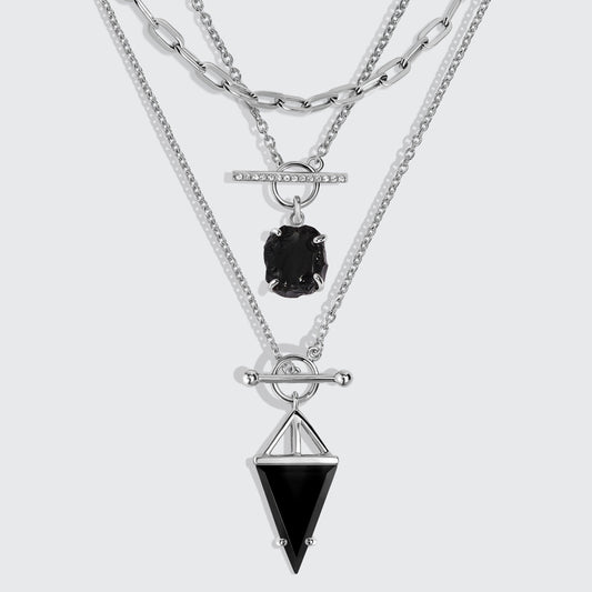 Colliers T Lock Heroine en obsidienne noire et cristal brut, et chaîne à maillons larges
