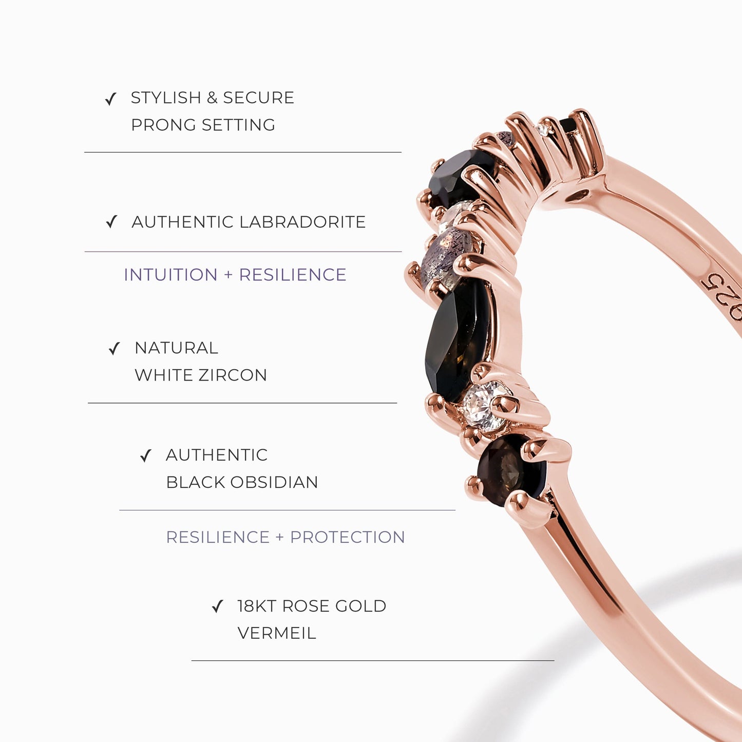 Bague en obsidienne noire et zircon blanc - Grace