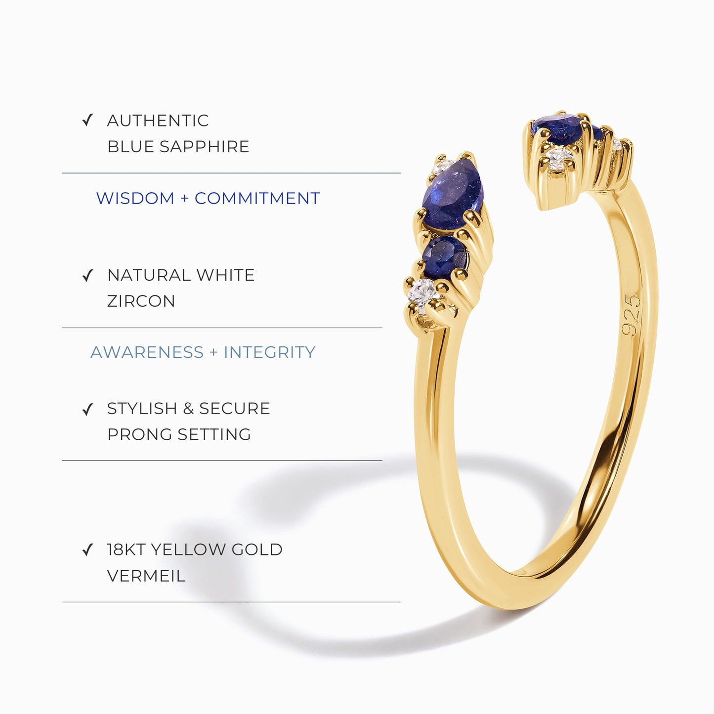 Bague ajustable en saphir bleu Flourish – Pierre de naissance de septembre