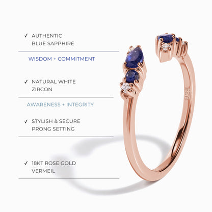 Bague ajustable en saphir bleu Flourish – Pierre de naissance de septembre