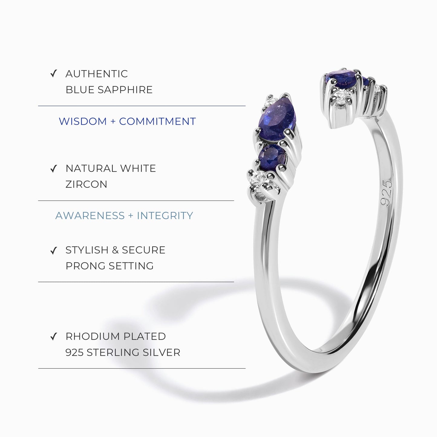 Bague ajustable en saphir bleu Flourish – Pierre de naissance de septembre