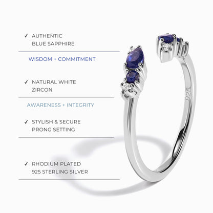Bague ajustable en saphir bleu Flourish – Pierre de naissance de septembre