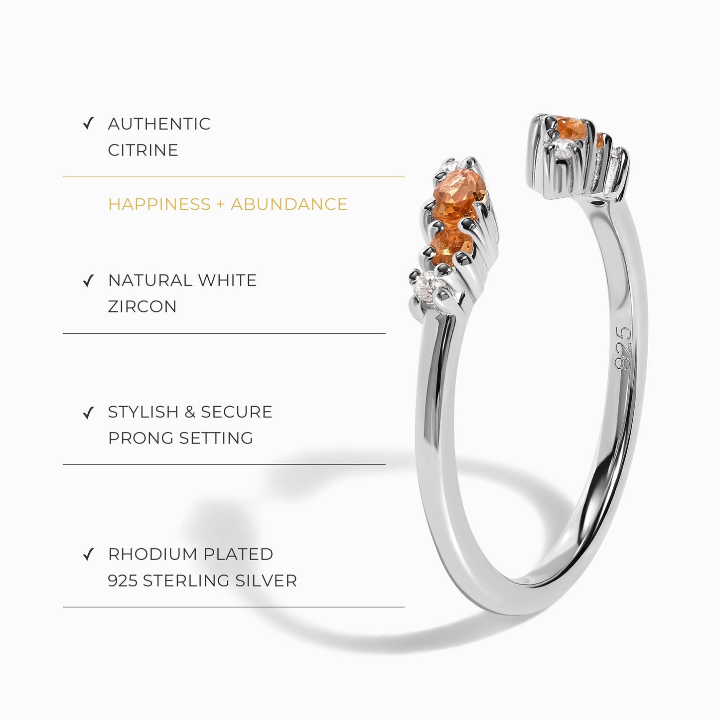 Bague ajustable en citrine Flourish – Pierre de naissance de novembre
