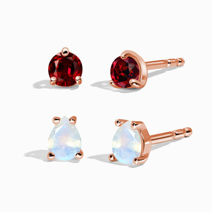 Clous d'oreilles ronds et en forme de larme en pierre de lune grenat