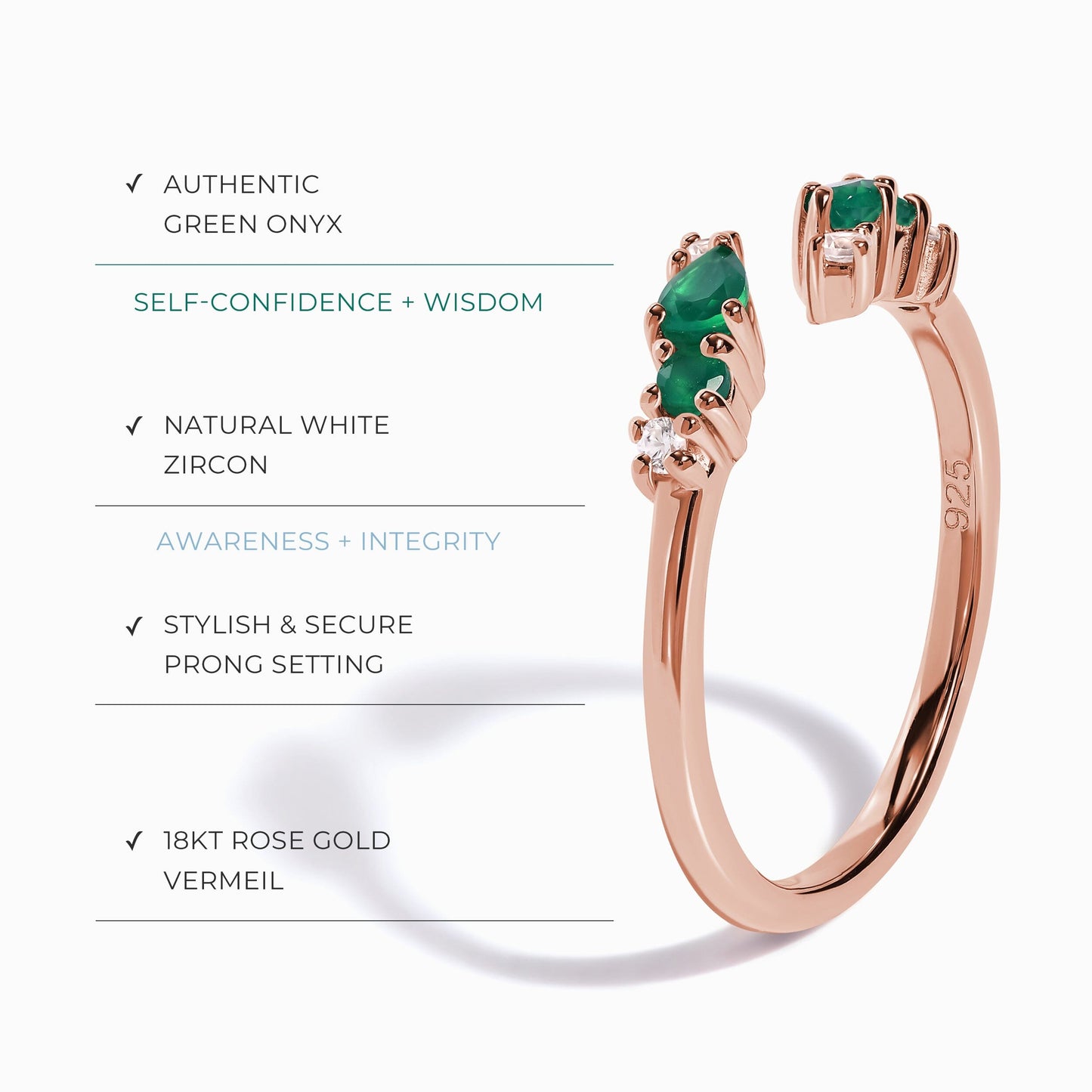Bague ajustable en onyx vert Flourish – Pierre de naissance de mai