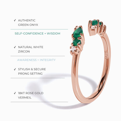 Bague ajustable en onyx vert Flourish – Pierre de naissance de mai