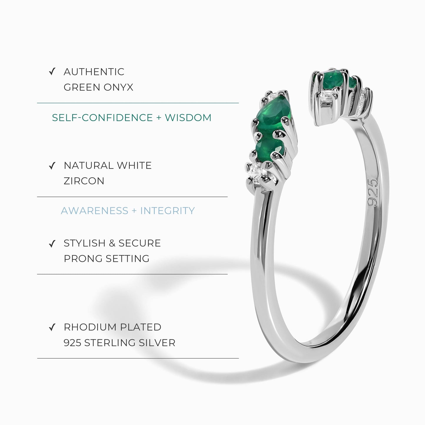 Bague ajustable en onyx vert Flourish – Pierre de naissance de mai