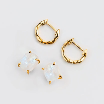 Ensemble de boucles d'oreilles créoles en pierre de lune brute - Pure Power