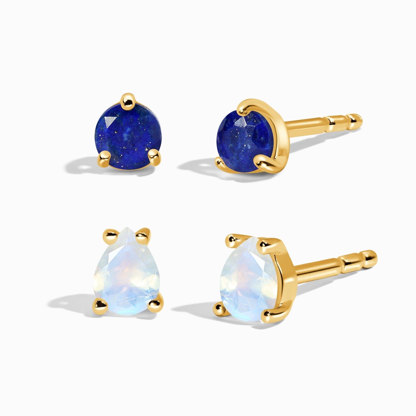 Clous d'oreilles ronds et en forme de larme en pierre de lune et lapis-lazuli