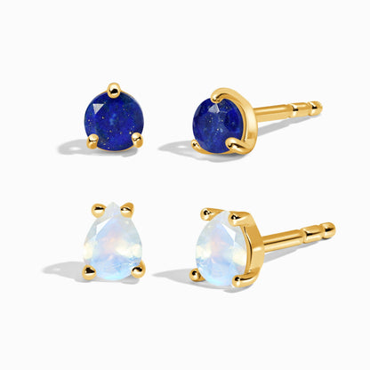 Clous d'oreilles ronds et en forme de larme en pierre de lune et lapis-lazuli