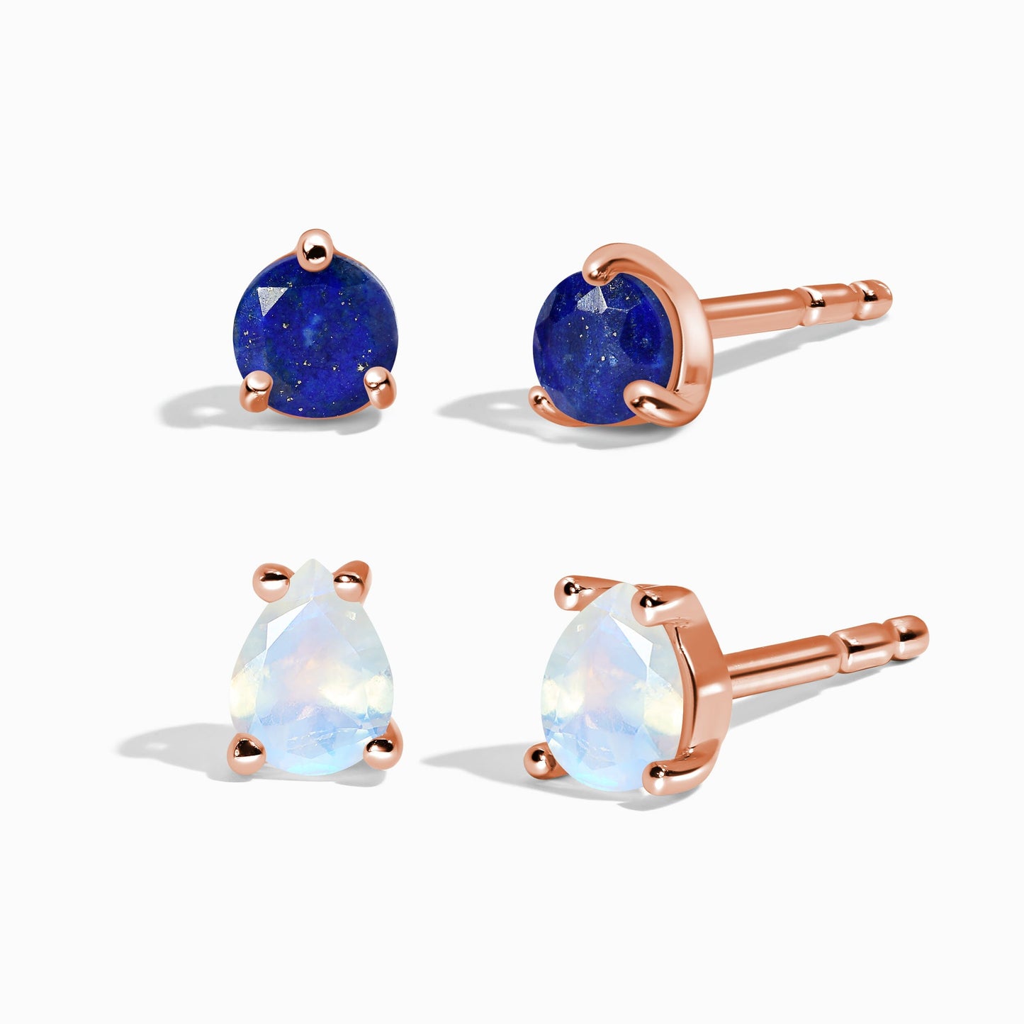Clous d'oreilles ronds et en forme de larme en pierre de lune et lapis-lazuli