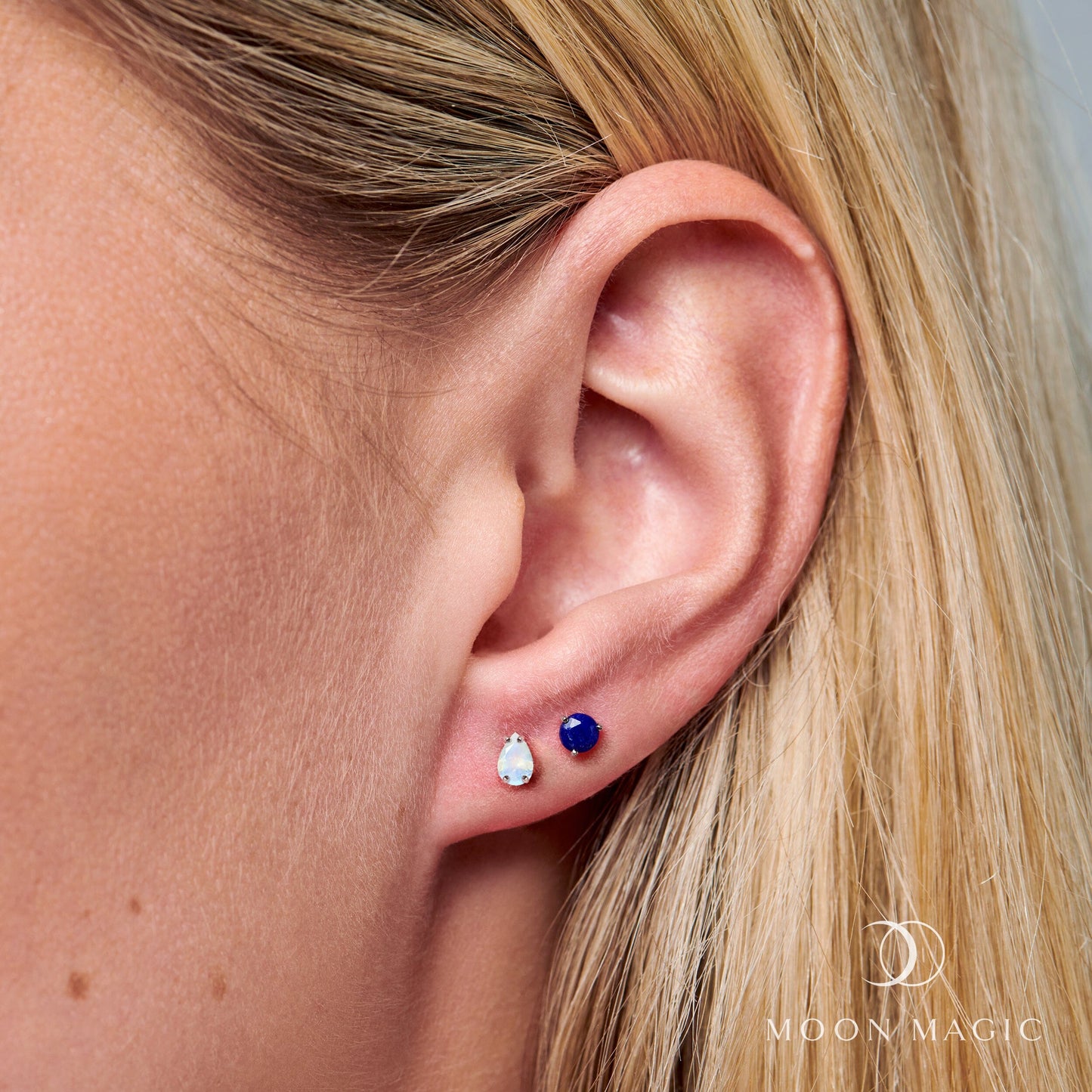 Clous d'oreilles ronds et en forme de larme en pierre de lune et lapis-lazuli