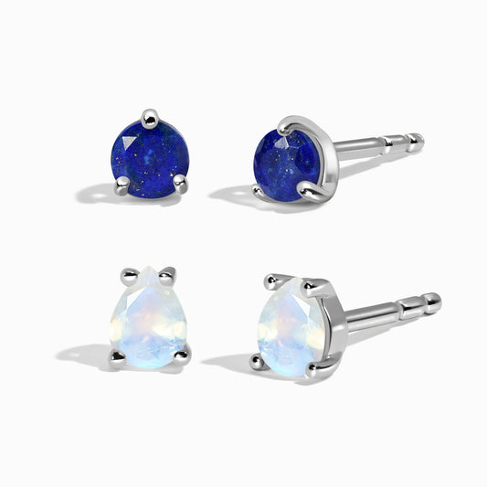 Clous d'oreilles ronds et en forme de larme en pierre de lune et lapis-lazuli