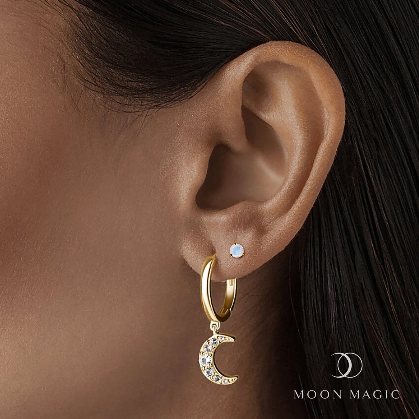 Créoles Être Céleste et Clous d'Oreilles Ronds en Pierre de Lune