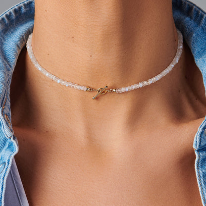 Collier de perles en pierre de lune arc-en-ciel avec fermoir en T - Augmentez vos vibrations