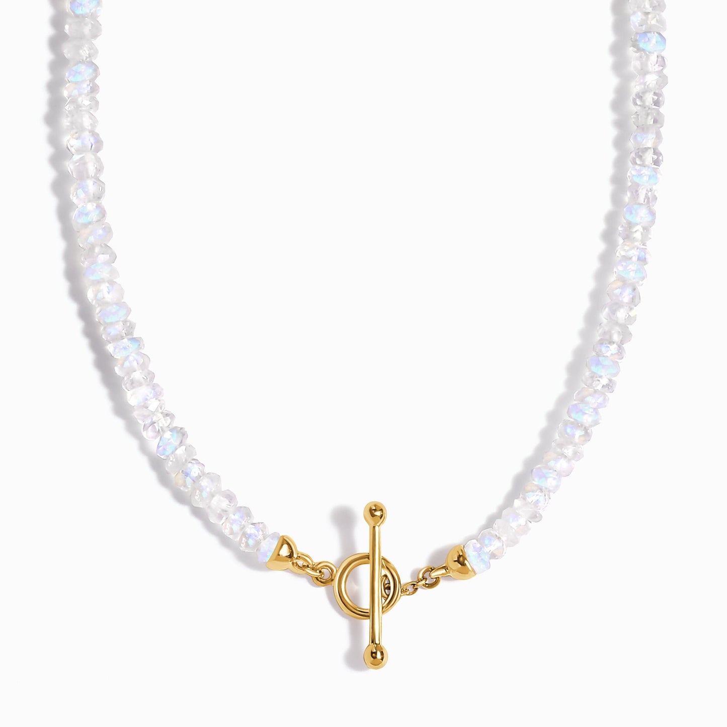 Collier de perles en pierre de lune arc-en-ciel avec fermoir en T - Augmentez vos vibrations