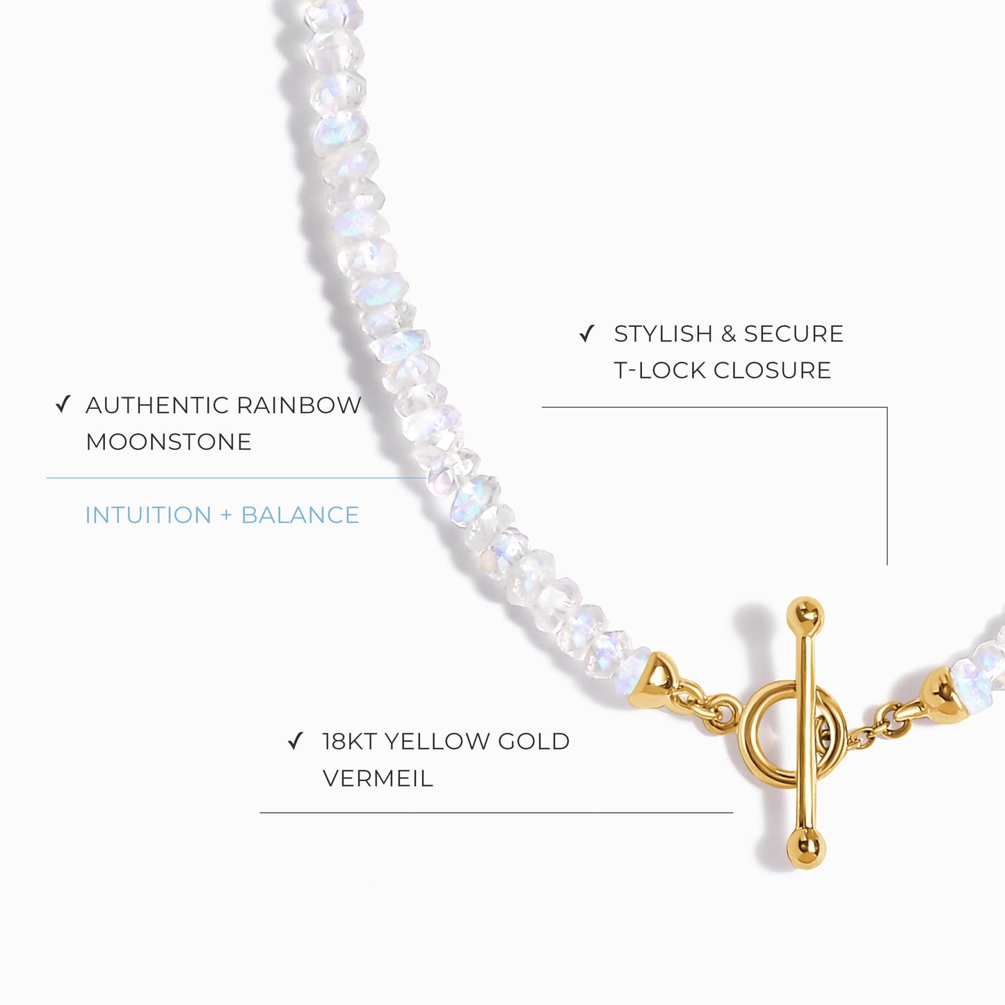 Collier de perles en pierre de lune arc-en-ciel avec fermoir en T - Augmentez vos vibrations