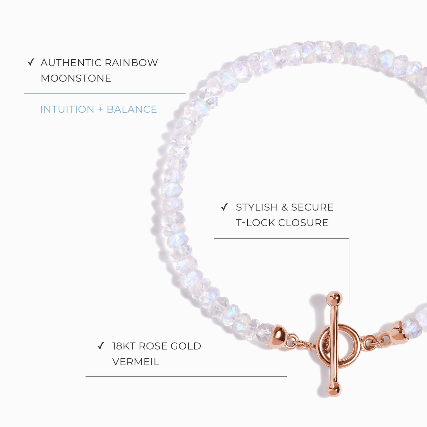 Bracelet de perles en pierre de lune arc-en-ciel avec fermoir en T - Augmentez vos vibrations