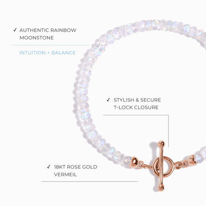 Bracelet de perles en pierre de lune arc-en-ciel avec fermoir en T - Augmentez vos vibrations