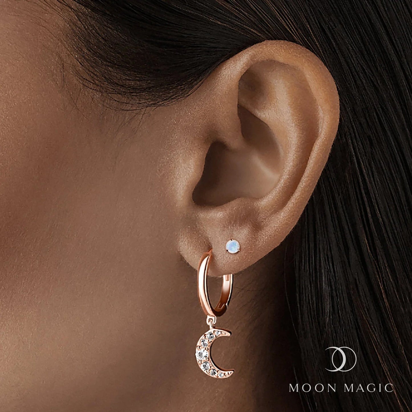 Créoles Être Céleste et Clous d'Oreilles Ronds en Pierre de Lune