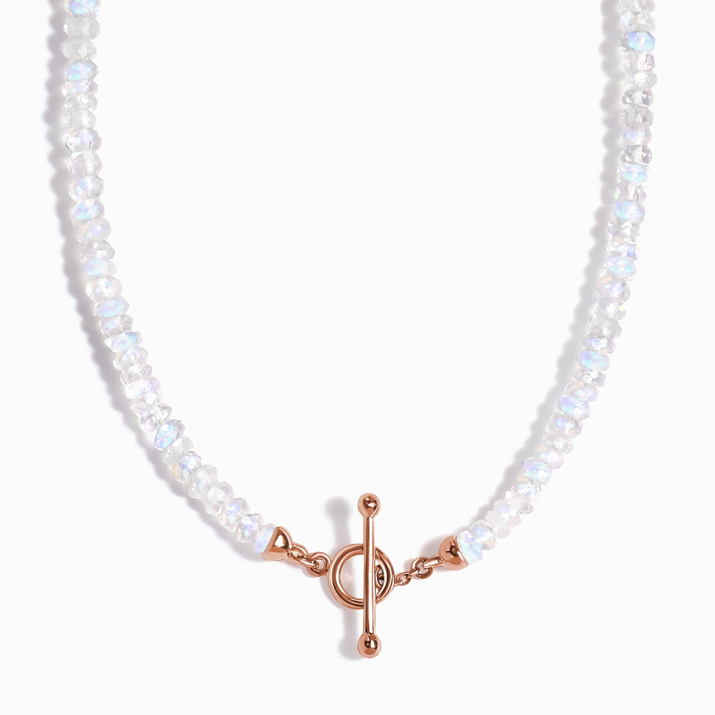Collier de perles en pierre de lune arc-en-ciel avec fermoir en T - Augmentez vos vibrations