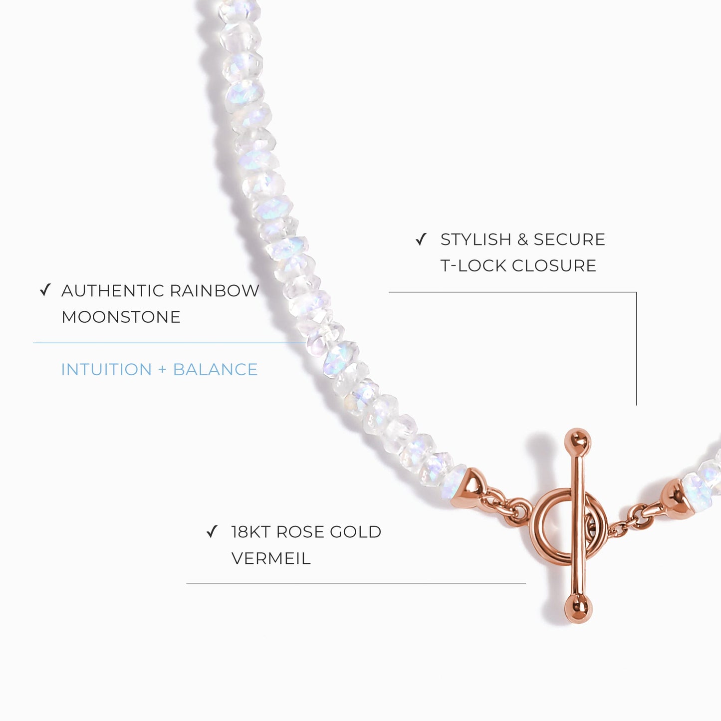 Collier de perles en pierre de lune arc-en-ciel avec fermoir en T - Augmentez vos vibrations