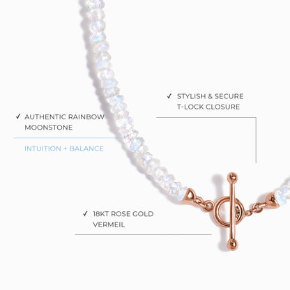 Collier de perles en pierre de lune arc-en-ciel avec fermoir en T - Augmentez vos vibrations