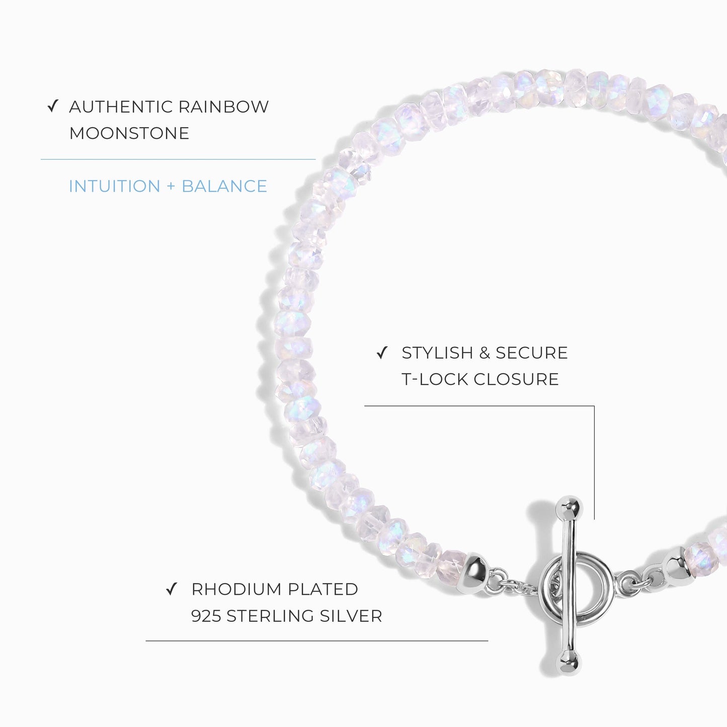 Bracelet de perles en pierre de lune arc-en-ciel avec fermoir en T - Augmentez vos vibrations