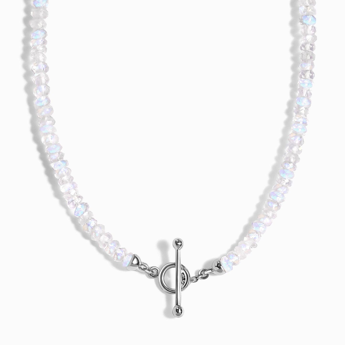 Collier de perles en pierre de lune arc-en-ciel avec fermoir en T - Augmentez vos vibrations