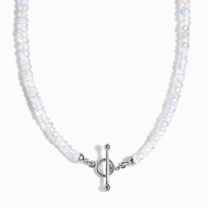 Collier de perles en pierre de lune arc-en-ciel avec fermoir en T - Augmentez vos vibrations
