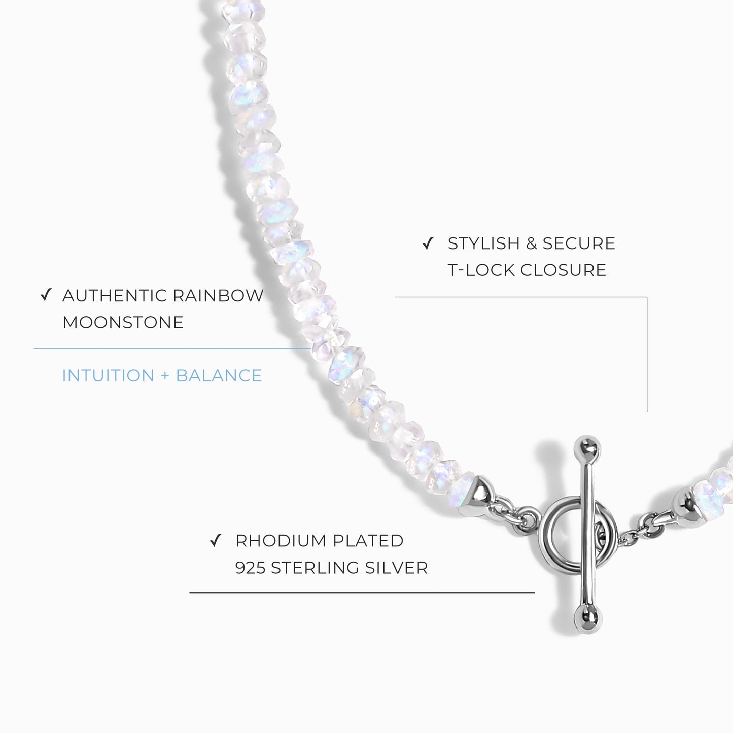 Collier de perles en pierre de lune arc-en-ciel avec fermoir en T - Augmentez vos vibrations