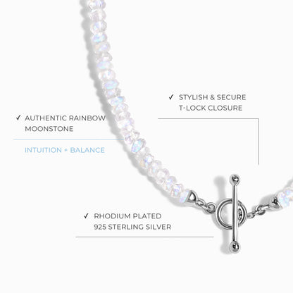 Collier de perles en pierre de lune arc-en-ciel avec fermoir en T - Augmentez vos vibrations