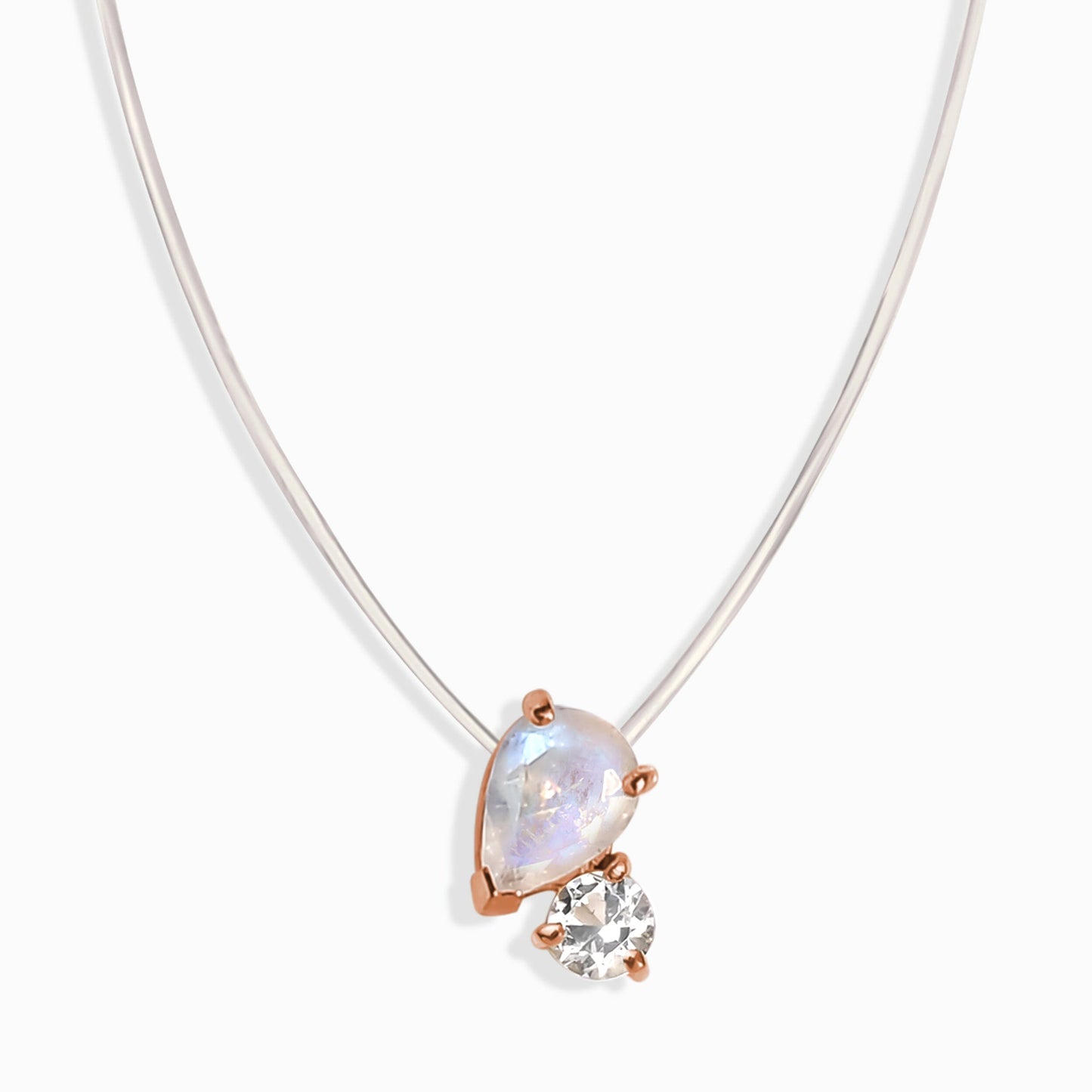 Collier flottant - Toi et Moi Pierre de lune et topaze blanche