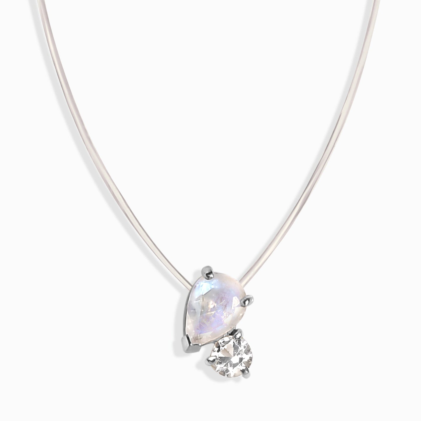 Collier flottant - Toi et Moi Pierre de lune et topaze blanche