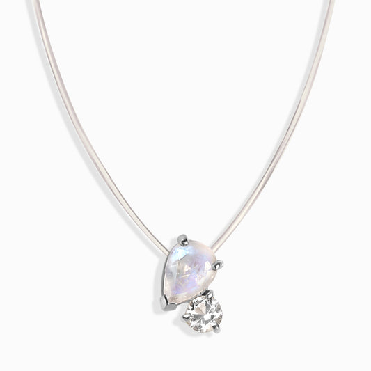 Collier flottant - Toi et Moi Pierre de lune et topaze blanche
