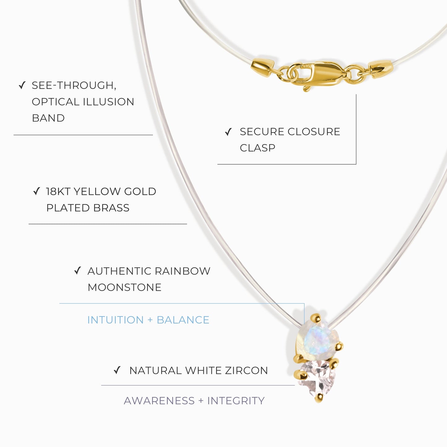 Collier en pierre de lune et zircon blanc - Cœurs flottants