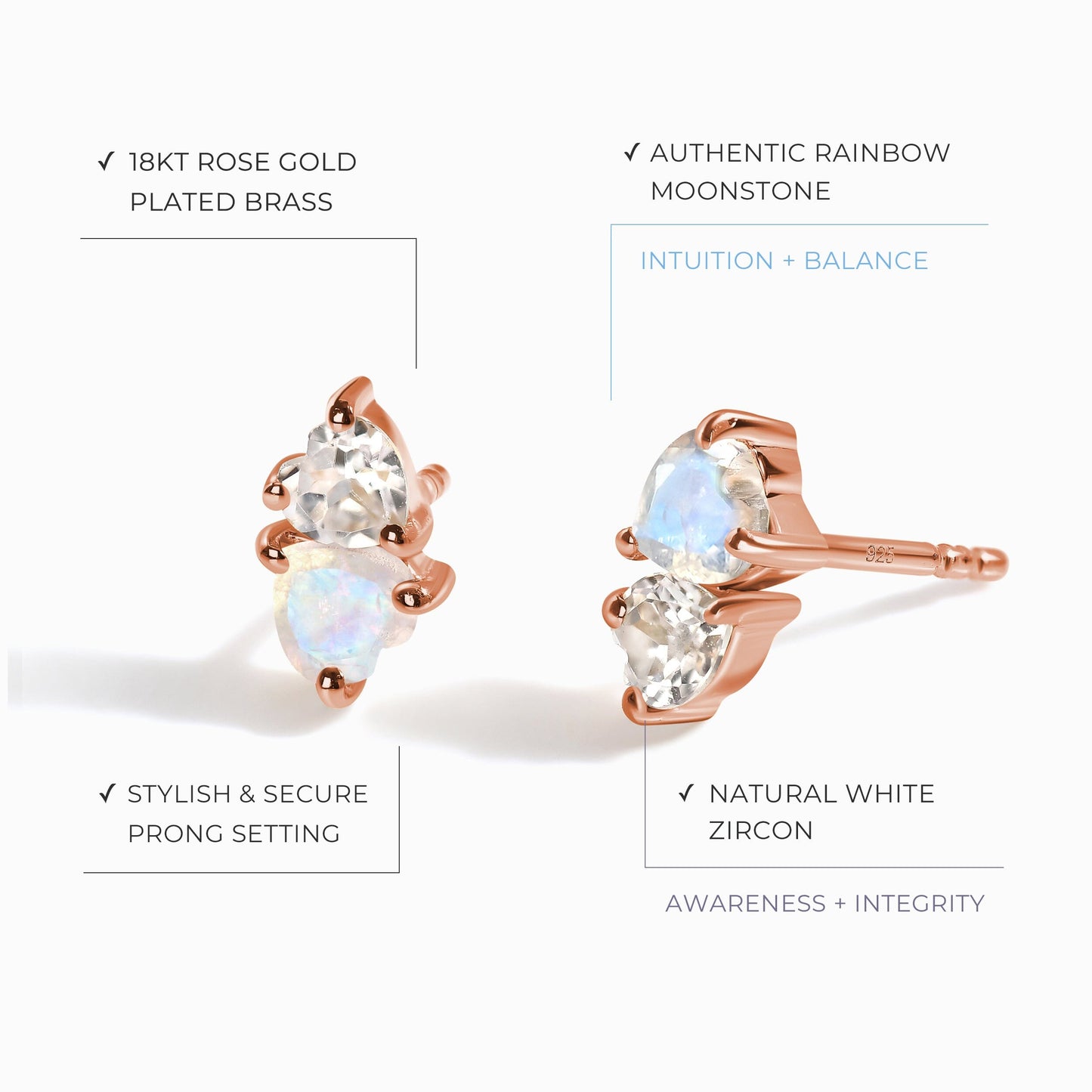 Boucles d'oreilles en pierre de lune et zircon blanc - Cœurs flottants