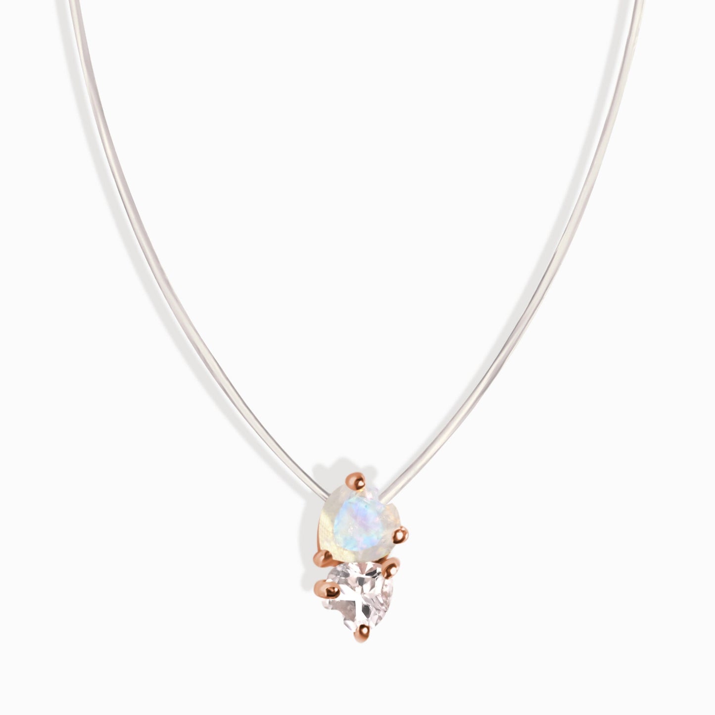 Collier en pierre de lune et zircon blanc - Cœurs flottants