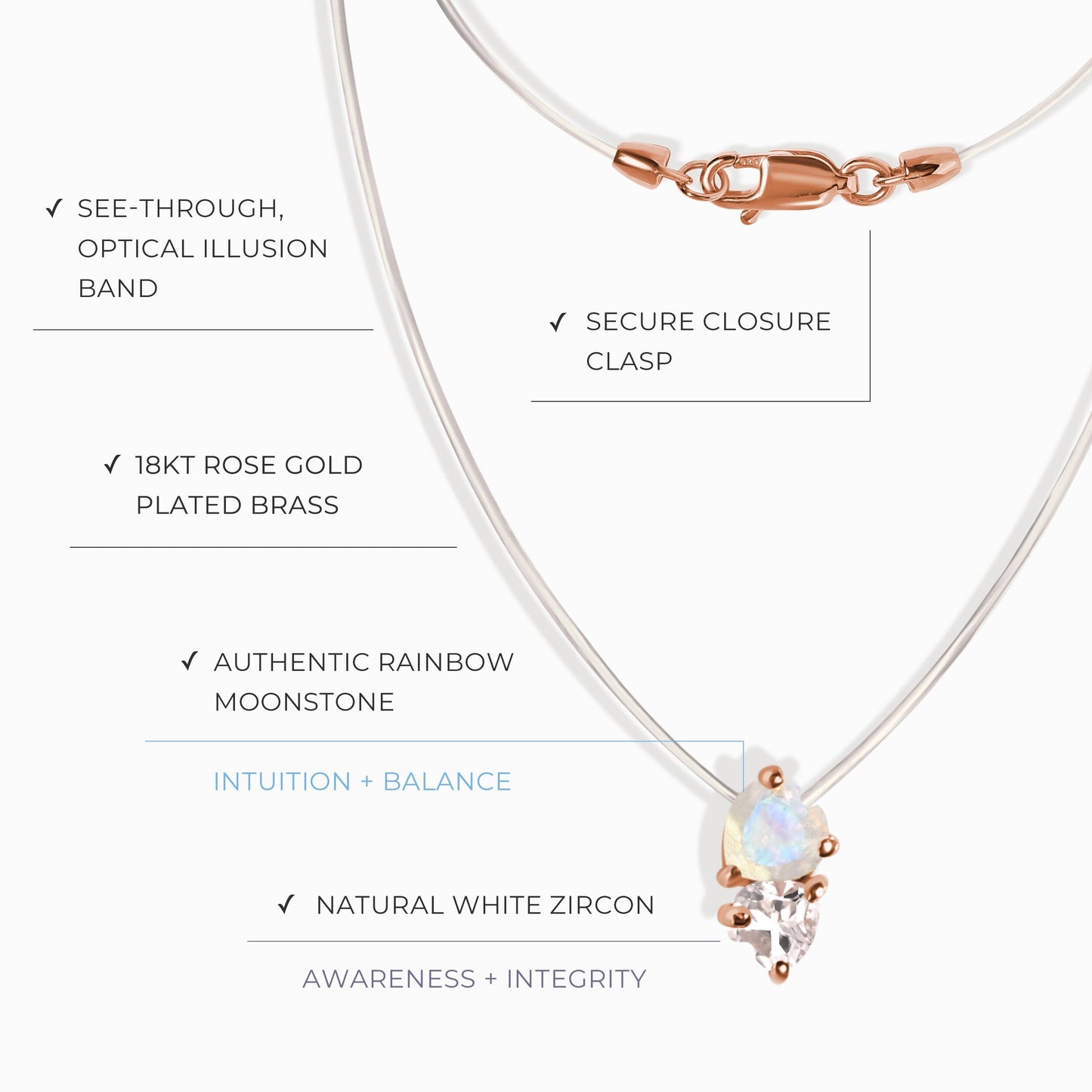 Collier en pierre de lune et zircon blanc - Cœurs flottants