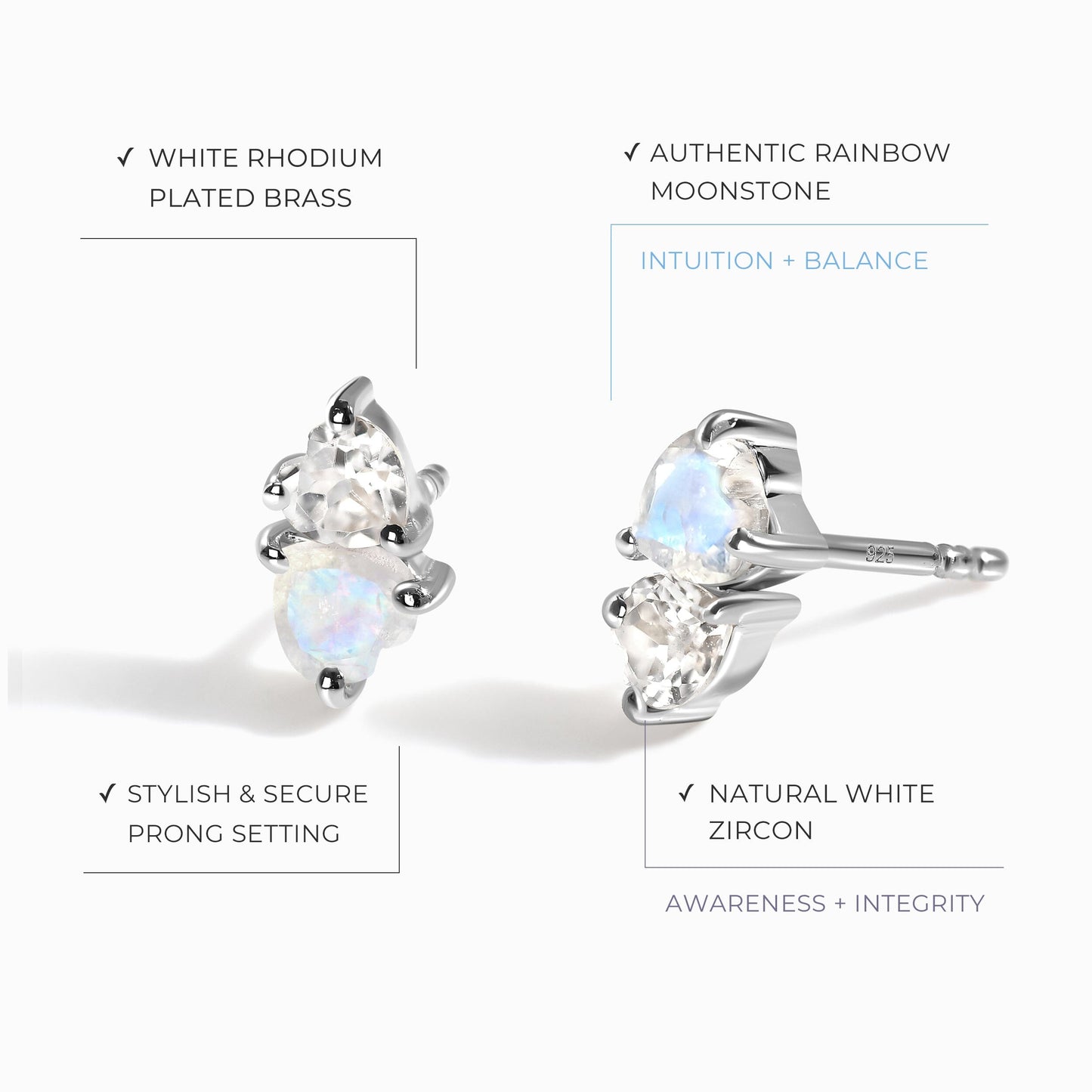 Boucles d'oreilles en pierre de lune et zircon blanc - Cœurs flottants