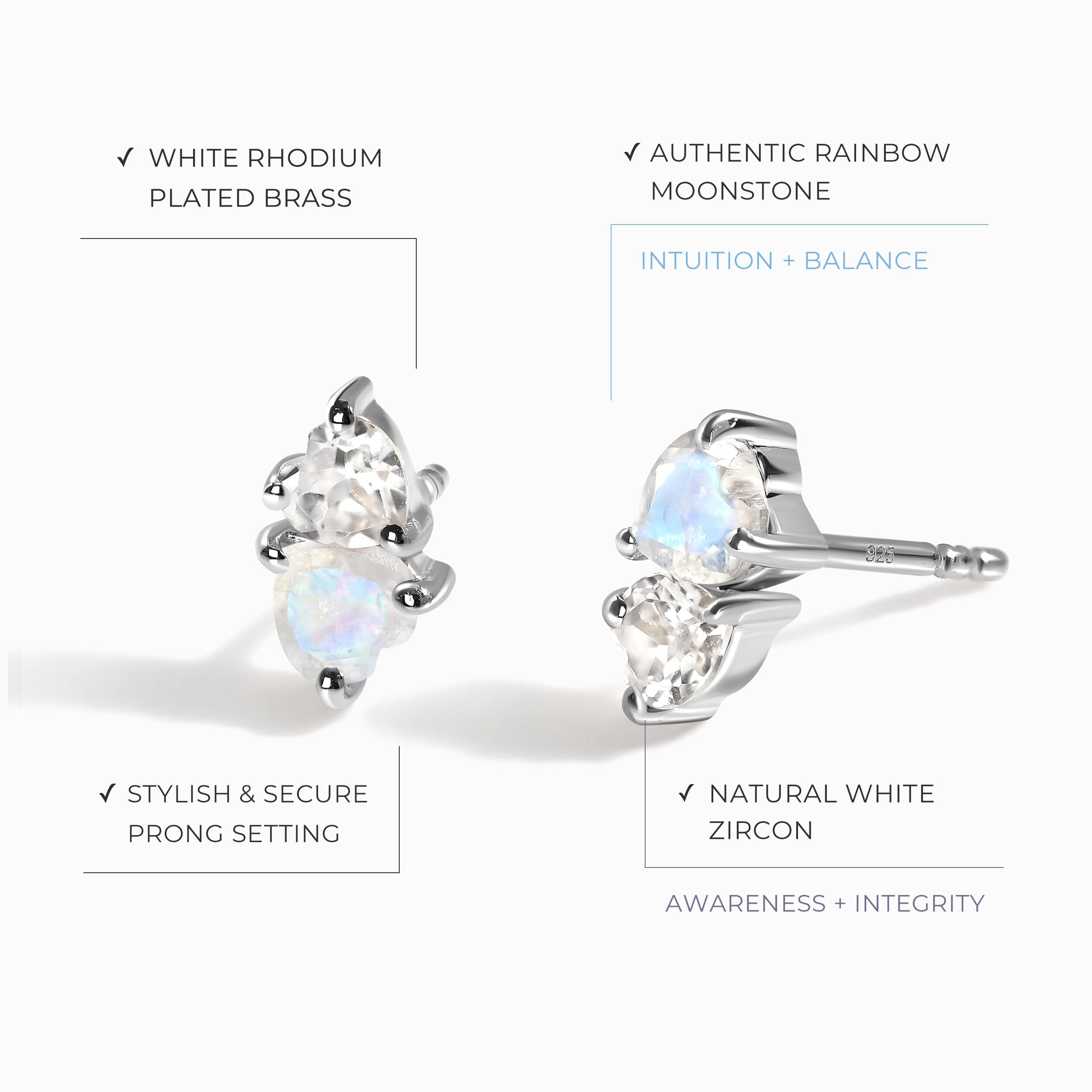 Moonstone & White Zircon Earrings - Floating Hearts