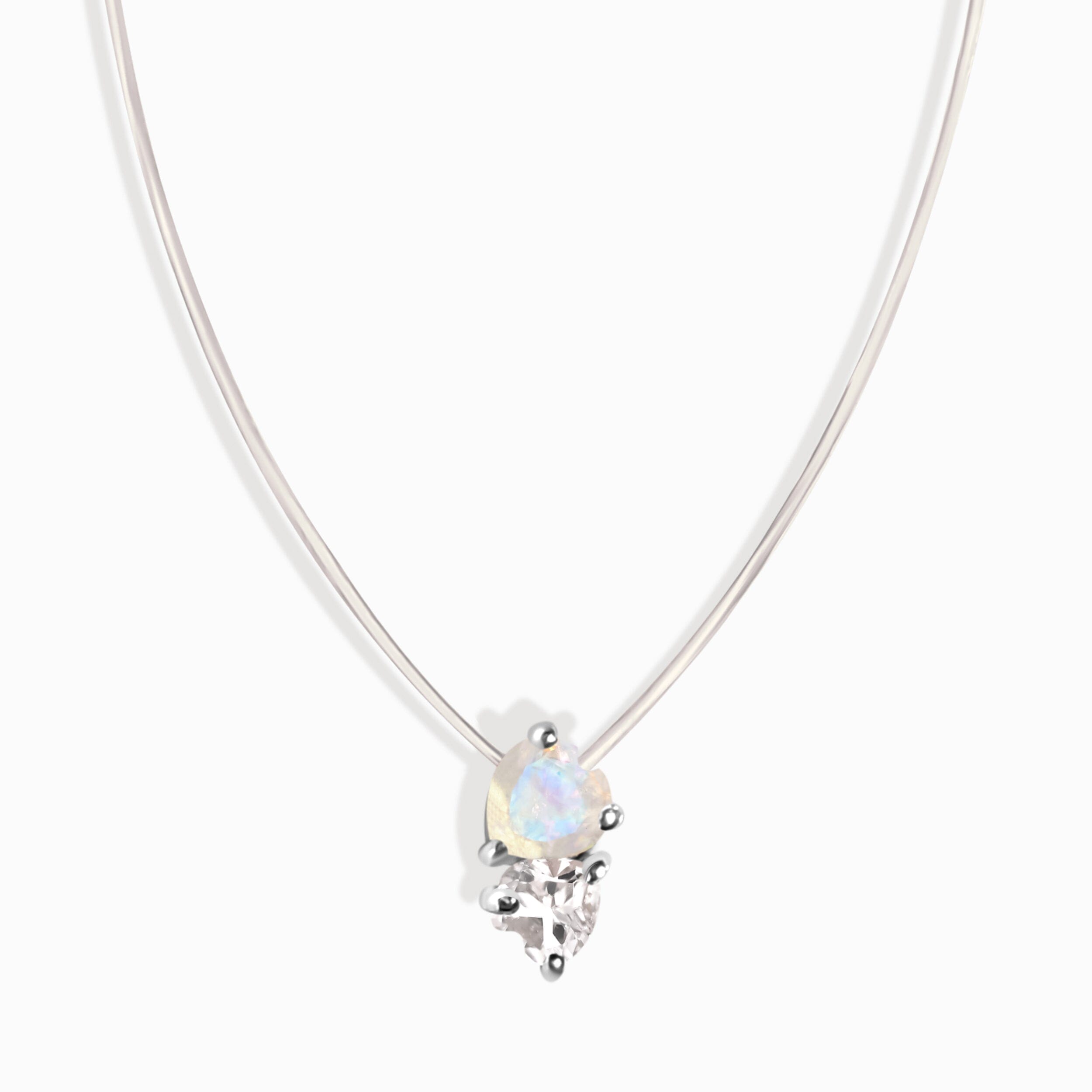 Moonstone & White Zircon Necklace - Floating Hearts