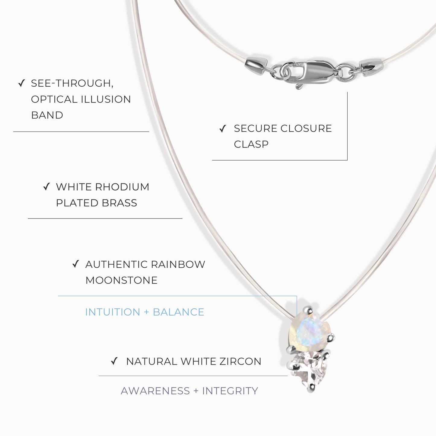 Collier en pierre de lune et zircon blanc - Cœurs flottants