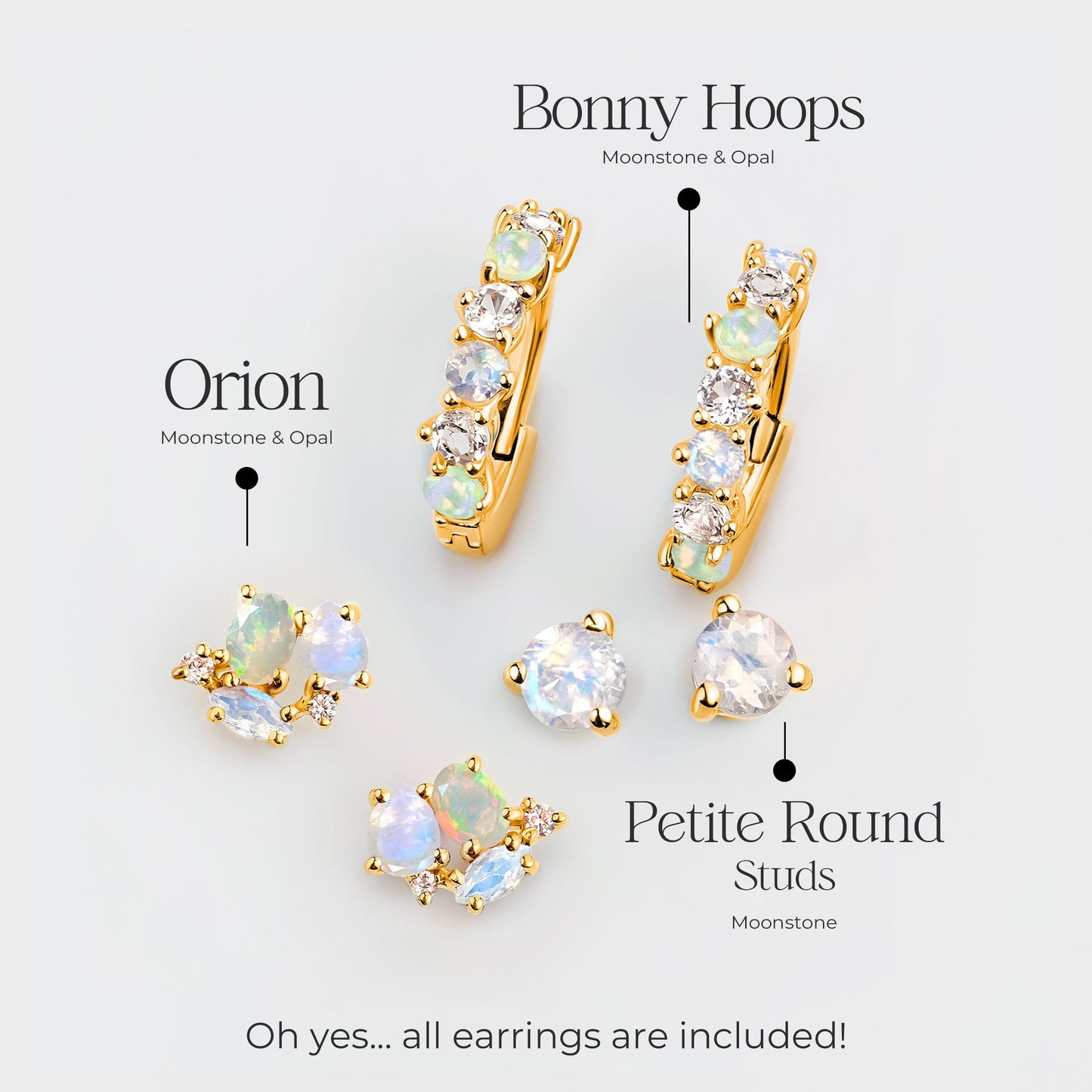 Ensemble de boucles d'oreilles créoles en pierre de lune et opale - Trio haute vibration