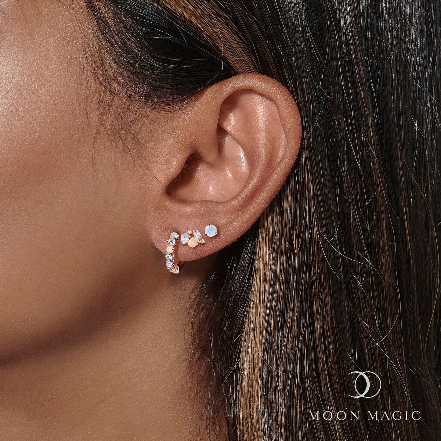 Ensemble de boucles d'oreilles créoles en pierre de lune et opale - Trio haute vibration