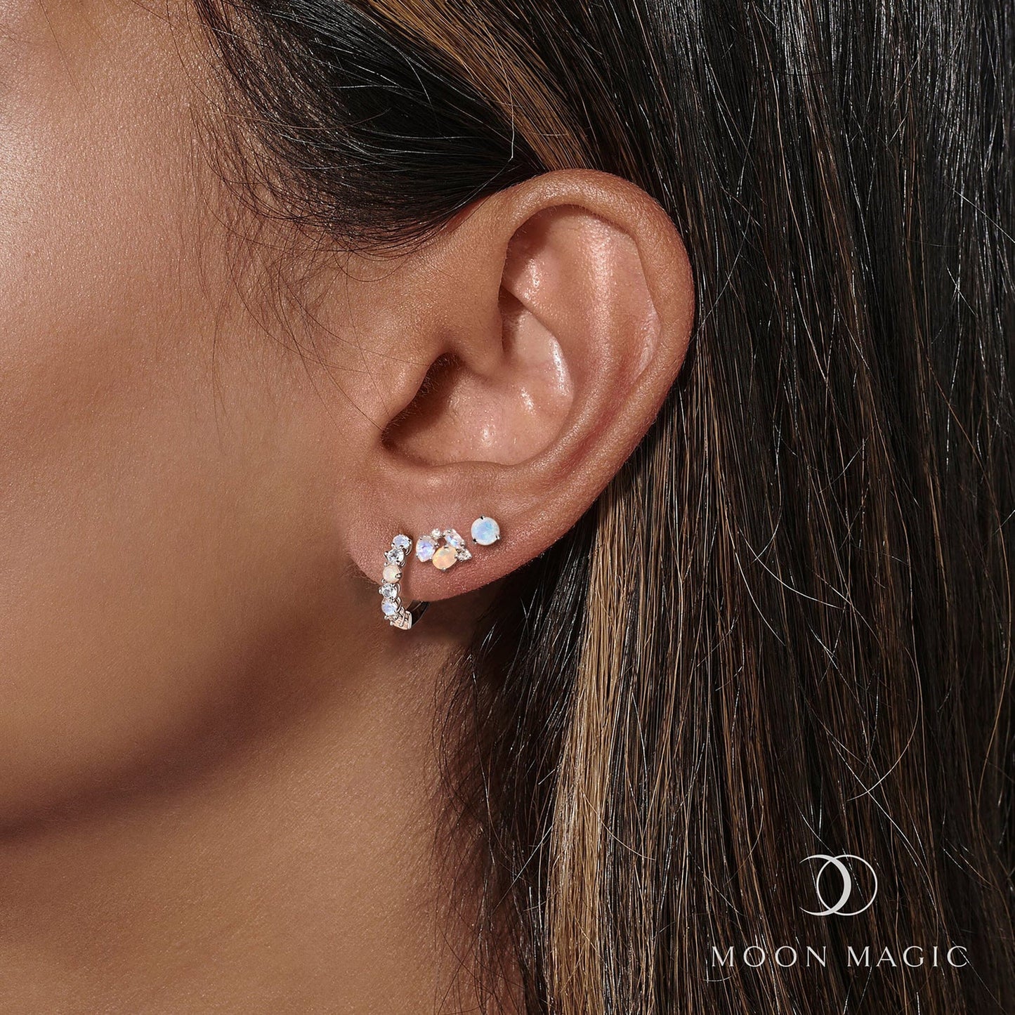 Ensemble de boucles d'oreilles créoles en pierre de lune et opale - Trio haute vibration